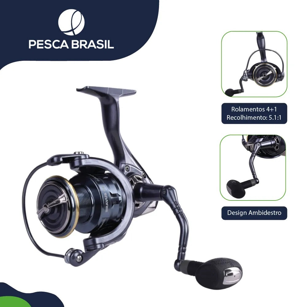 Molinete bravus 40 pesca brasil - 4+1 rolamentos (ambidestro)